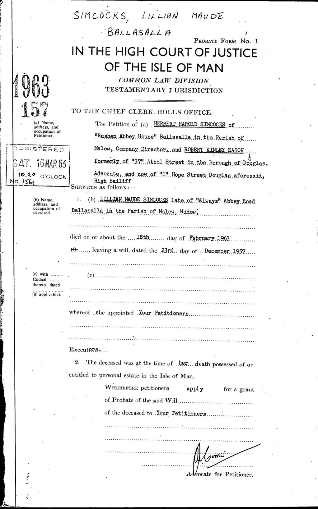 Probate of Lillian Maude Simcocks, 1963/157